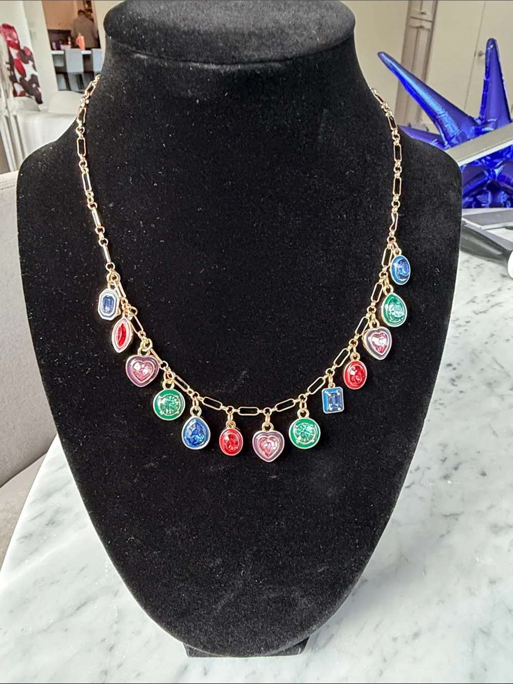 Gold Charm Necklace with Multicolor Enamel Hearts and Gem Charms